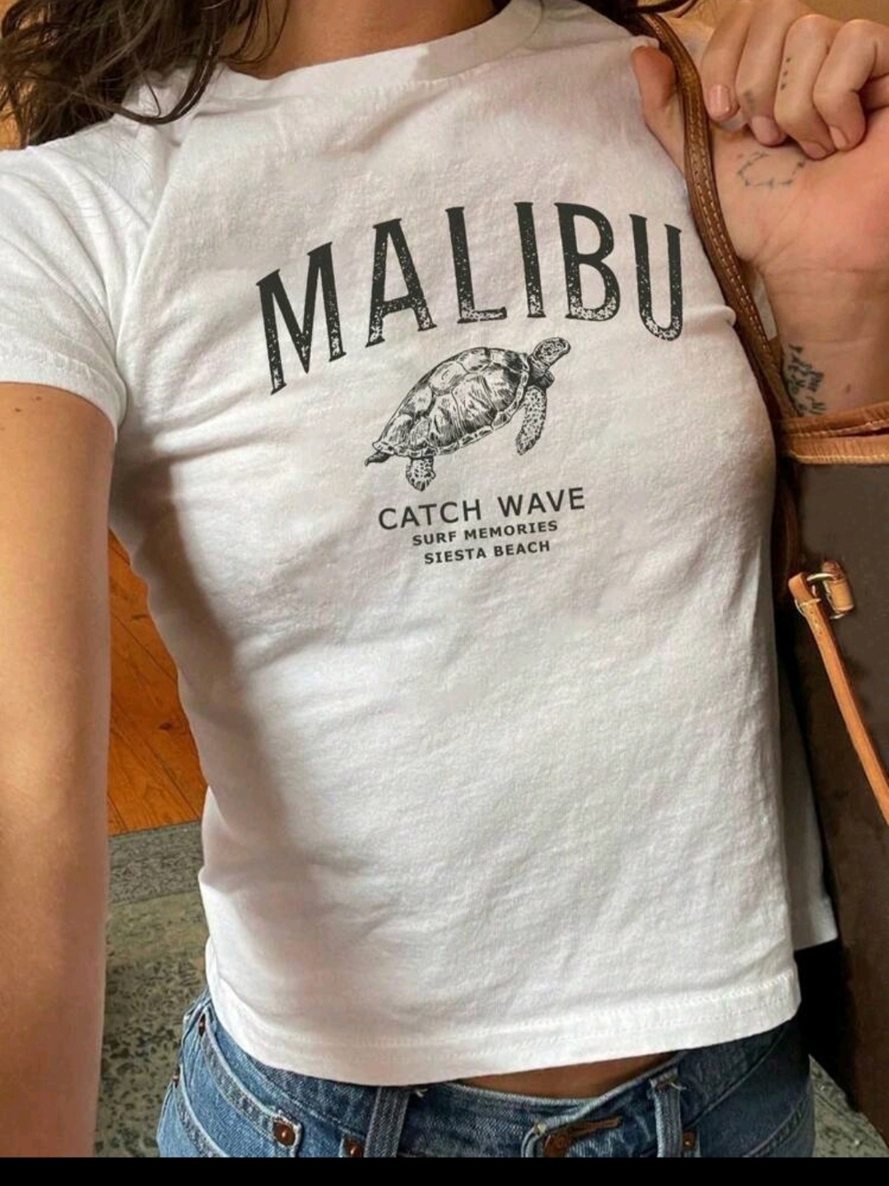 Malibu White Tee with Black Turtle Graphic